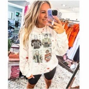 Gildan White Crewneck Sweater with Horror Graphic